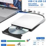 External CD DVD Drive USB 3.0 Portable CD DVD +/-RW CD Burner DVD ROM CD DVD Player for Laptop, MacBook, PC, Windows, Linux, Mac OS (White) - Imagen 3