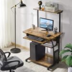 Yaheetech Rolling Computer Desk 3 Tier with Keyboard Tray and Printer Shelf for Home Office, Mobile Desk for Small Space, Retro Computer Table - Imagen 3
