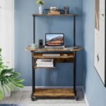 Yaheetech Rolling Computer Desk 3 Tier with Keyboard Tray and Printer Shelf for Home Office, Mobile Desk for Small Space, Retro Computer Table - Imagen 6