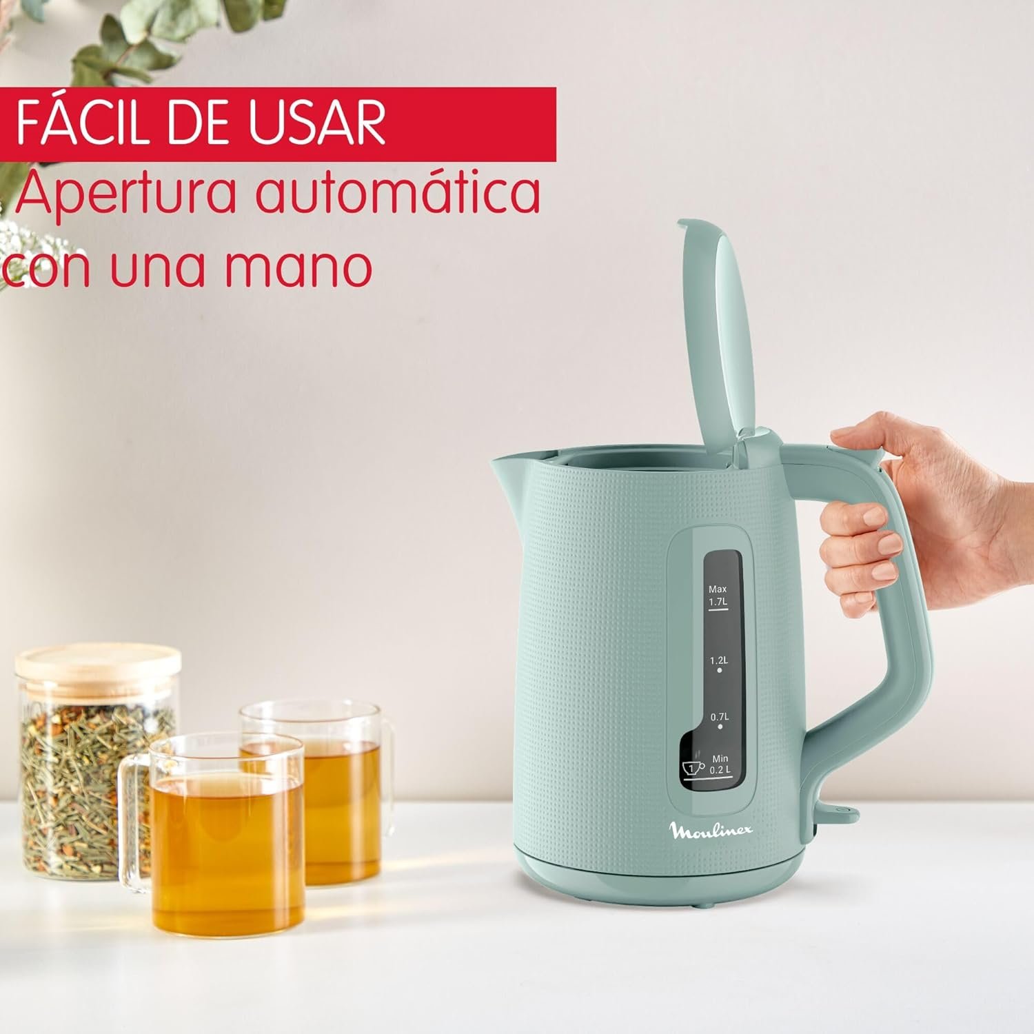 Moulinex Morning Plus 1.7L Cordless Electric Kettle 2400 W Large Capacity Measuring Cup Water Meter Anti-Limescale Filter Rotating Base Includes Infuser, Tea and Infusions, BY2M13 - Imagen 5