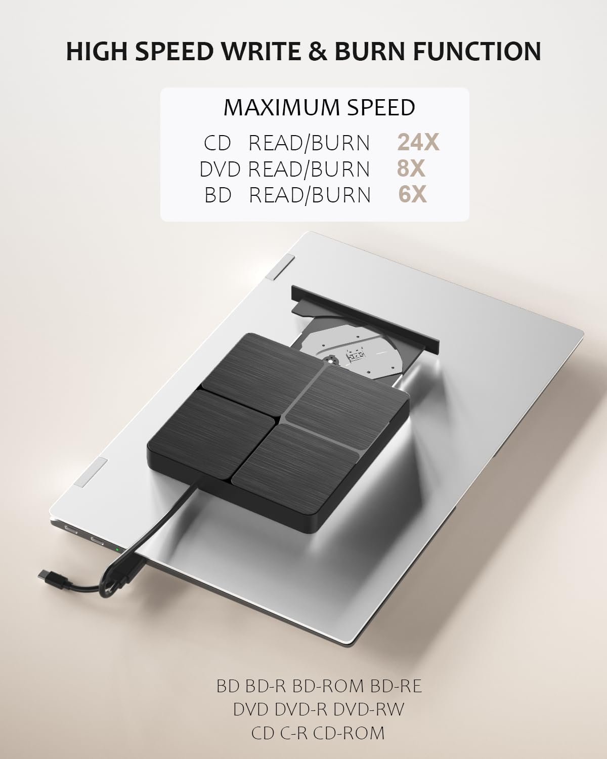 External Blu Ray Drive, Support Blu Ray DVD Player, Read and Write BD/DVD/CD, USB 3.0 Type C, External DVD Player for PC, Portable DVD Player for - Imagen 3