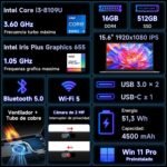 BMAX Laptop 15.6" Core i3-8109U up to 3.6 GHz Laptop 16GB RAM 512GB SSD Win 11 Pro Laptop 5G WiFi, Bluetooth 5.0, USB 3.0x2, HDMI, 1920x1080 FHD Protects Spanish Keyboard - Image 4