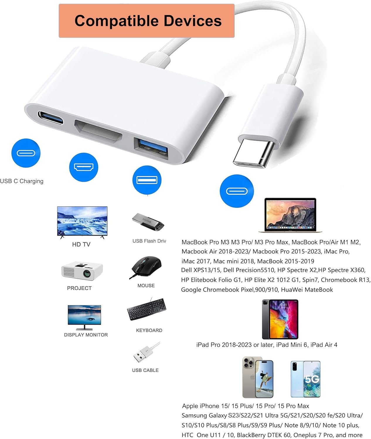 USB C Digital AV Multiport Adapter with HDMI Output 4K 60Hz and USB 3.0 Port and USB-C Fasting Charging Port for Apple MacBook Pro M1 2016-2022 Air M1 2018-2022, iPad Pro iMac ect. - Imagen 8
