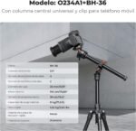 K&F CONCEPT O234A1+BH-36 Tripod Camera with Extendable Arm 195 cm, Tripod Travel Camera with Phone Holder, Lightweight Aluminium Tripod - Imagen 6