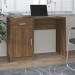 vidaXL Desk with Drawer and Cupboard Work Office Study Door Table Storage Office for Computer Plywood Oak Brown - Image 3