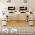 Coleshome Corner Desk with 4 Fabric Drawers, 100 x 70 cm Reversible L Desk with Storage and Shelf, Table Desk for Home Office and Bedroom, White - Image 3