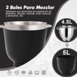 Kitchen in the box Mixer, Bread Kneader with 2 Bowls of 4.5 L + 5 L, 10 Speeds Kitchen Robot with Whisk, Hook Kneader, Mixer Blender, 1300 W (Black) - Imagen 5