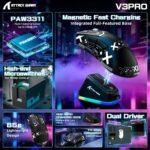 ATTACK SHARK V3PRO Wireless Gaming Mouse with Magnetic Charging Base, PixArt PAW3311, Up to 25000 dpi, BT/2.4GHz/Wired, 100M Clicks, 500mAh, 65g Ultra-Light for PC/Xbox/PS/Mac - Black & Ribbon - Imagen 3