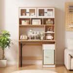 Escritorio para ordenador con estante integrado y armario, 180 cm, color blanco y natural - Imagen 4