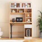 Escritorio para ordenador con estante integrado y armario, 180 cm, color blanco y natural - Imagen 6