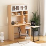 Escritorio para ordenador con estante integrado y armario, 180 cm, color blanco y natural - Imagen 7