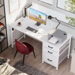 Coleshome Desk with 3 Fabric Drawers, 120x48cm Spacious Desk with Headphone Holder, White Reversible Computer Desk for Home Office - Image 5