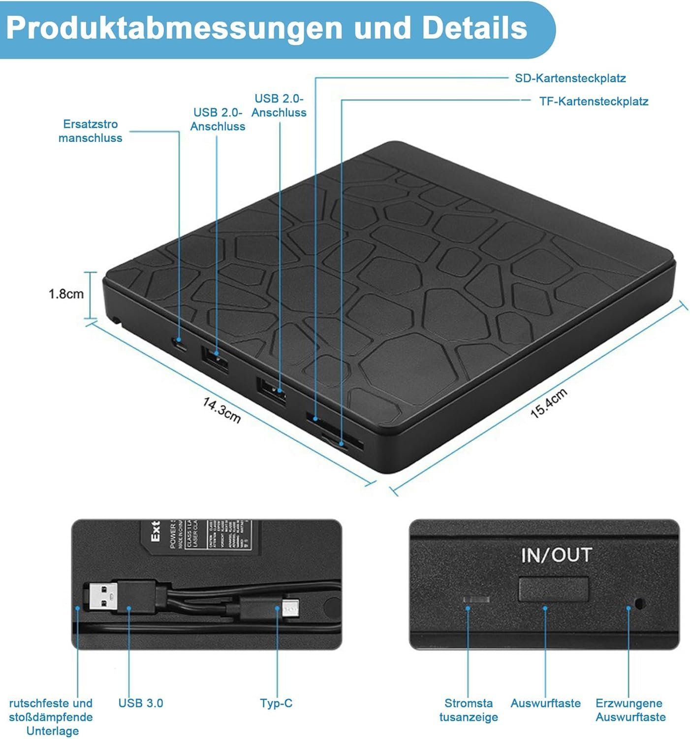 External CD DVD Drive for Laptop - External DVD Burner with USB 3.0 Type-C Type C SD/TF Card Reader and USB Ports - External CD DVD Drive for MacBook Laptop - Image 3