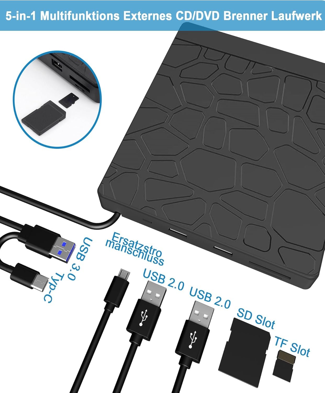 External CD DVD Drive for Laptop - External DVD Burner with USB 3.0 Type-C Type C SD/TF Card Reader and USB Ports - External CD DVD Drive for MacBook Laptop - Image 6