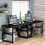 Tribesigns Two Person Double Desk with Library, Double Desk for Two People, Rustic Workstation with Shelf for Home Office (Black) - Imagen 3
