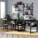 Tribesigns Two Person Double Desk with Library, Double Desk for Two People, Rustic Workstation with Shelf for Home Office (Black) - Imagen 7