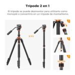K&F CONCEPT Tripod Camera 200 cm Compact Video Tripod with Fluid Head, for Travel, Load Capacity 5 kg, Detachable Aluminium Monopod - Imagen 7