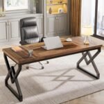 Tribesigns 160cm Executive Desk, Large Office Computer Desk with Extra Thick Wood Table and Metal Frame, Work Table, Study Table for Office, Vintage Brown - Imagen 5