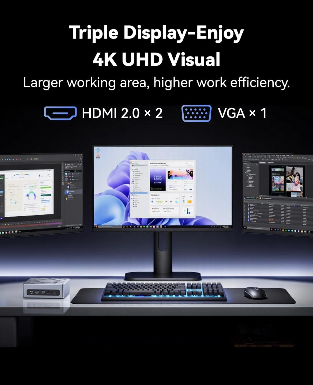 NiPoGi CK10 Mini PC W11 Pro întel Core i5 12600H(12C/16T,4,5GHz,16MB Cache) Mini Computer 16GB+16GB RAM 3200MHz+512GB M.2 NVMe SSD, WiFi6/BT5.2/2*HDMI+ 1*VGA Triple 4K UHD Display/Type C/RJ45 - Image 7