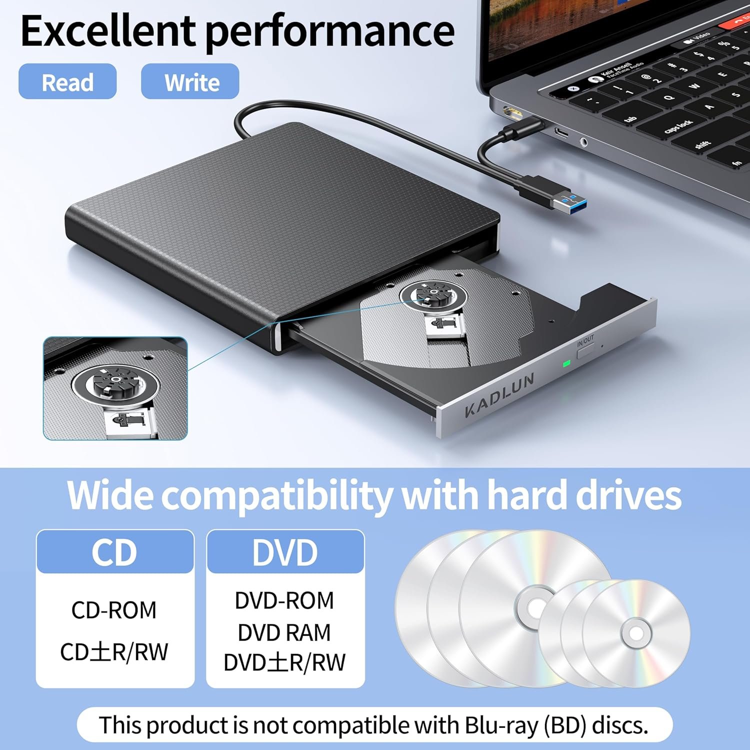 External CD/DVD Player, USB 3.0 and Type-C,External USB Floppy Drive, Portable DVD Player, SD TF Cards and 4 USB Ports CD/DVD -RW/ROM Drive for PC/Laptop/Linux/Windows 11/10/9/Mac/Desktops - Imagen 3