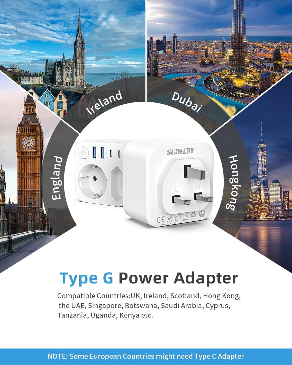 France to UK Travel Connector with 4 USB Outlets (2 USB-C) Dual Output Travel Adapter Schuko to Type G Connector for Ireland, Malta, White - Imagen 3