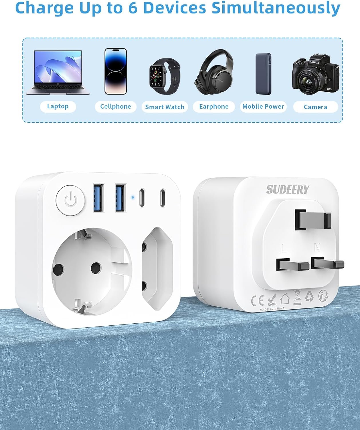France to UK Travel Connector with 4 USB Outlets (2 USB-C) Dual Output Travel Adapter Schuko to Type G Connector for Ireland, Malta, White - Imagen 7