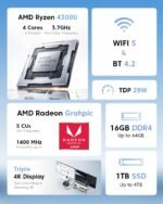 NiPoGi AK1 Plus Mini PC Intel 12TH Alder Lake-𝑵95 (hasta 3.4GHz,15W),16GB DDR4/1TB M.2 NVMe SSD,Mini Ordenadores de Sobremesa, 2xHDMI,4K@60HZ,BT4.2,RJ45-LAN,Mini Computadora para Negocios/Escuela - Imagen 3