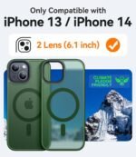 CANSHN Magnetic Matte Case for iPhone 13/14, Compatible with MagSafe, Military Grade Protection, Translucent Matte Back Slim Shockproof Case 6.1" - Dark Green - Imagen 3