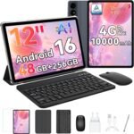 Android 16 Tablet with Keyboard and Pencil, Tablet 12 Inches, 120 Hz, 2.5 K, FHD, 48GB RAM+256GB ROM (2TB TF), T7280 Octa-Core, 10000mAh, Widevine L1, Tablet with SIM 4G LTE/ 5G WiFi, 16MP+8MP - Imagen 2