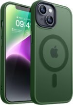 CANSHN Magnetic Matte Case for iPhone 13/14, Compatible with MagSafe, Military Grade Protection, Translucent Matte Back Slim Shockproof Case 6.1" - Dark Green - Imagen 2