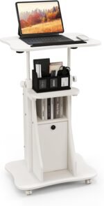 FANTASK Laptop Computer with Wheels, Portable Standing Desk, Adjustable Height with Tilting Board and Cabinet for Home Office, Black and White - Image 2