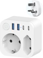 France to UK Travel Connector with 4 USB Outlets (2 USB-C) Dual Output Travel Adapter Schuko to Type G Connector for Ireland, Malta, White - Imagen 2