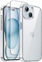 JETech 3 in 1 Case for iPhone 15 6.1 Inch with 2 Screen Protectors Tempered Glass, Anti-Yellow Anti-Shock Case (Transparent) - Image 2