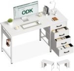 ODK Desk with 4 Fabric Drawers, 120 x 48 cm Reversible Computer Desk with Headphone Hook, Study Desk for Offices Home and Workstations, White - Imagen 2