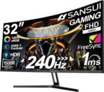 SANSUI 32-Inch Curved Gaming Monitor, 240Hz, High Refresh Rate, FHD 1080P, HDMI 2.1×2 Monitor, DP 1.4×2, 1500R Curved, 1ms (OD), HDR, VESA Compatible (Cable - Imagen 2