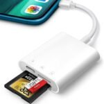 SD Card Reader for iPhone iPad, Oliveria Trail Game Camera 2 in 1 with Dual Micro SD/SD Slot, Lightning Photo Memory Card Adapter, Simultaneous Charging, Plug and Play - Imagen 2
