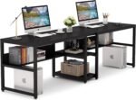 Tribesigns Two Person Double Desk with Library, Double Desk for Two People, Rustic Workstation with Shelf for Home Office (Black) - Imagen 2