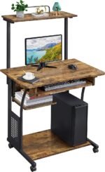 Yaheetech Rolling Computer Desk 3 Tier with Keyboard Tray and Printer Shelf for Home Office, Mobile Desk for Small Space, Retro Computer Table - Imagen 2