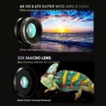 Upgraded 4 in 1 COSULAN Phone Camera Lens Kit, Comes with 22X Telephoto Lens, 205° Fisheye Lens, 4K 0.67X Wide Angle Lens, 25X Macro Lens, Clip and Mini Tripod for iPhone - Imagen 3