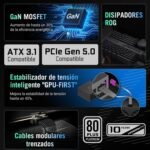 ASUS ROG Strix 850W Platinum Fully Modular Power Supply, 80 Plus Platinum, ATX 3.1, GAN MOSFET, GPU-First Intelligent Voltage Stabilizer, 10 Year Coverage - Imagen 3