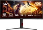 AOC CU34G4Z Gaming Monitor 34" WQHD Curved, 240Hz, Fast VA, 1ms GtG, HDR400, FreeSync Prem., Height Adjustable (3440x1440, 2X HDMI 2.1, 1x DP 1.4, USB-Hub) Black/Red - Image 3