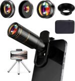 Upgraded 4 in 1 COSULAN Phone Camera Lens Kit, Comes with 22X Telephoto Lens, 205° Fisheye Lens, 4K 0.67X Wide Angle Lens, 25X Macro Lens, Clip and Mini Tripod for iPhone - Imagen 2
